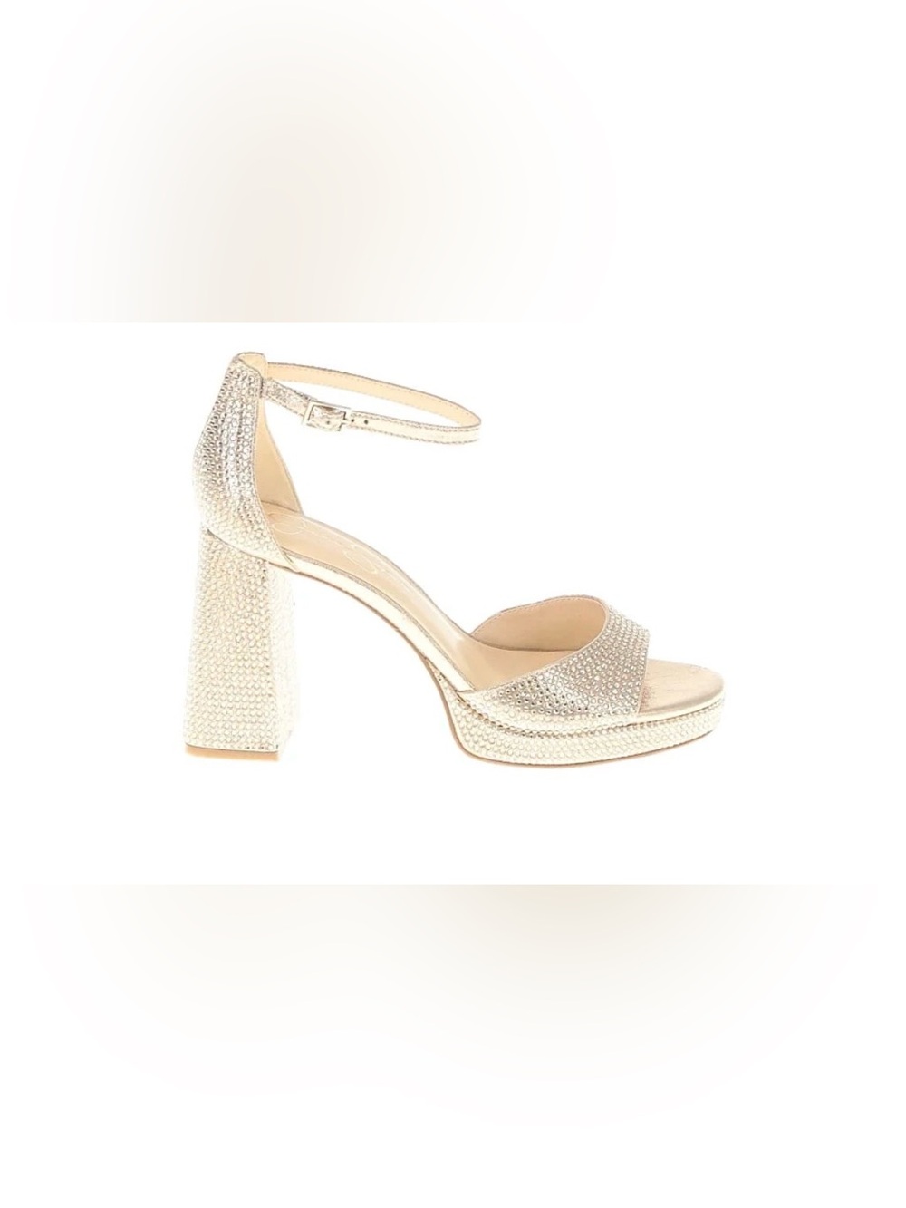 Jessica Simpson Kaliah Crystal Embellished Metallic Block Heel Sandal -Gold nwob